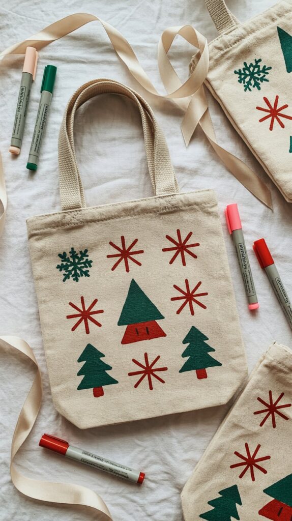 Hand-painted canvas tote bags with festive designs surrounded by fabric markers and ribbon