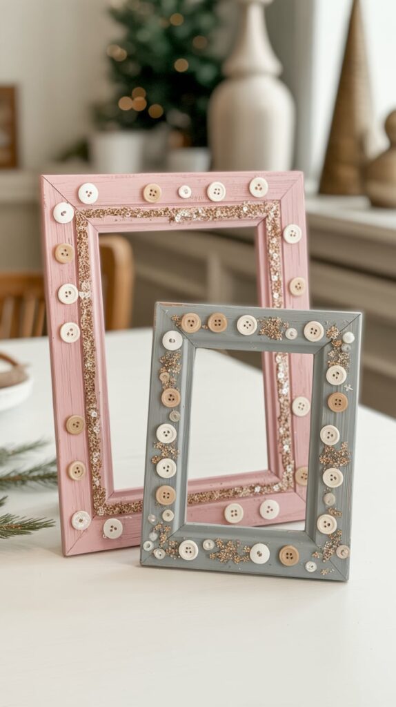 Decorated wooden picture frames with buttons and glitter displayed on a table with festive decor.”