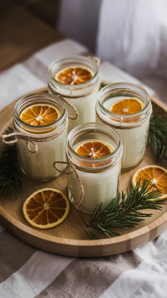 “Homemade jar candles decorated with dried oranges and twine on a wooden tray.”