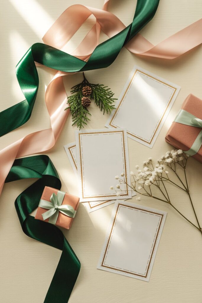 “Flat-lay of Christmas-themed clue cards arranged on a wooden table with pink and blue satin ribbons, evergreen sprigs, and pinecones, styled for a holiday gender reveal scavenger hunt.”