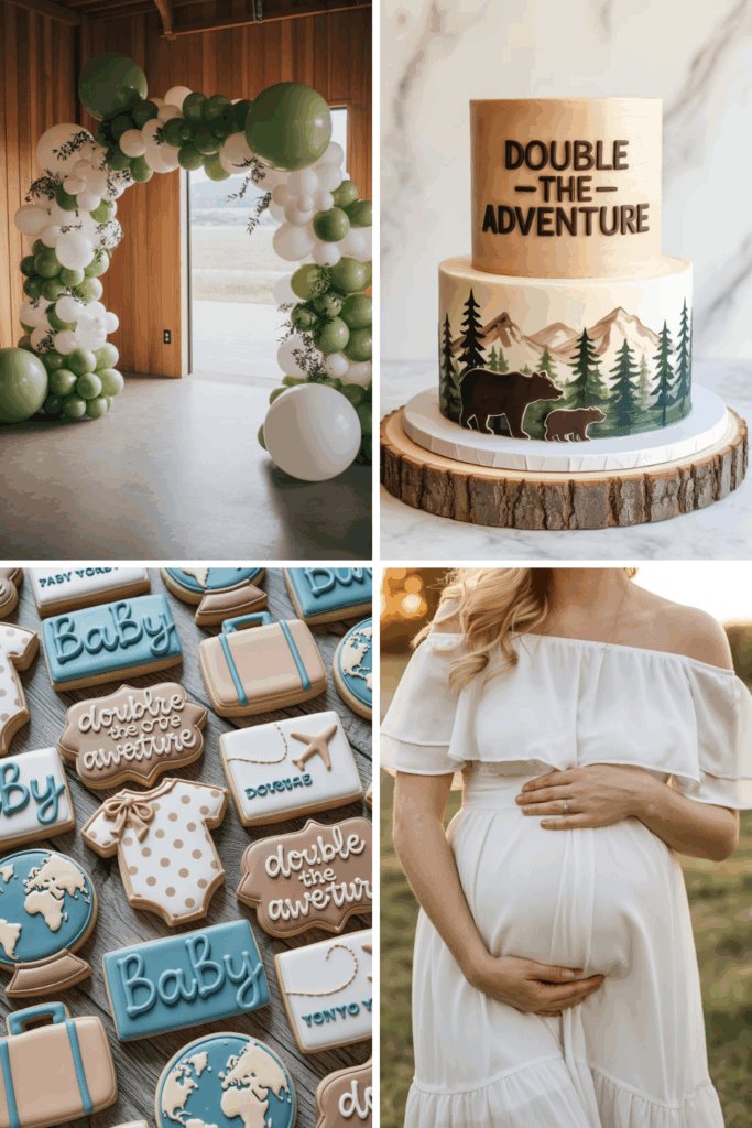 Woodland twin baby shower collage with forest greens, wooden textures, and cozy rustic centerpieces