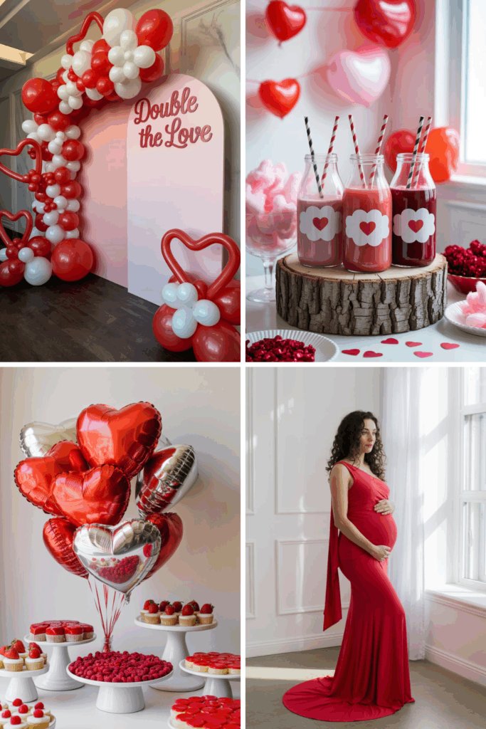 Romantic twin baby shower collage with blush florals, candlelight, and elegant ivory and gold details