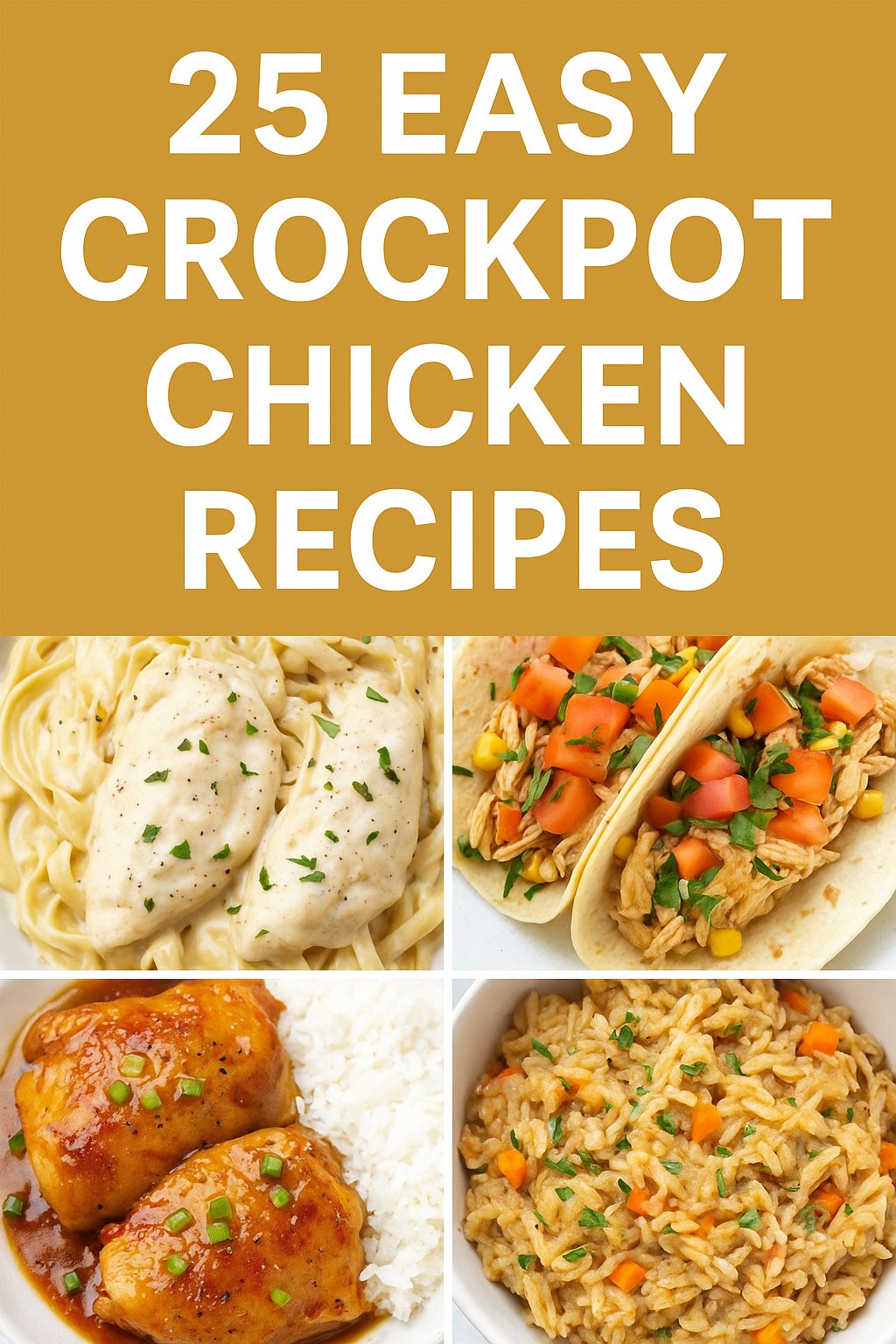 A Pinterest-style collage promoting 25 easy crockpot chicken recipes. The graphic features bold white text on a warm mustard-yellow background, reading “25 Easy Crockpot Chicken Recipes.” Below the text are four mouthwatering images: creamy Alfredo chicken over pasta, shredded chicken tacos with tomato and corn, glazed honey garlic chicken thighs with rice, and a hearty bowl of chicken and vegetable rice. The layout is bright, inviting, and designed to appeal to busy home cooks.