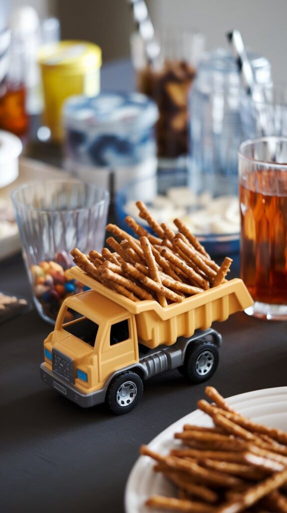 Construction-themed toddler birthday with toy trucks, dirt cake, and yellow caution tape decorations.