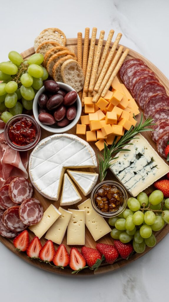 Elegant charcuterie board featuring assorted cheeses, cured meats, grapes, strawberries, olives, crackers, breadsticks, and small bowls of jam and honey, garnished with fresh rosemary sprigs.