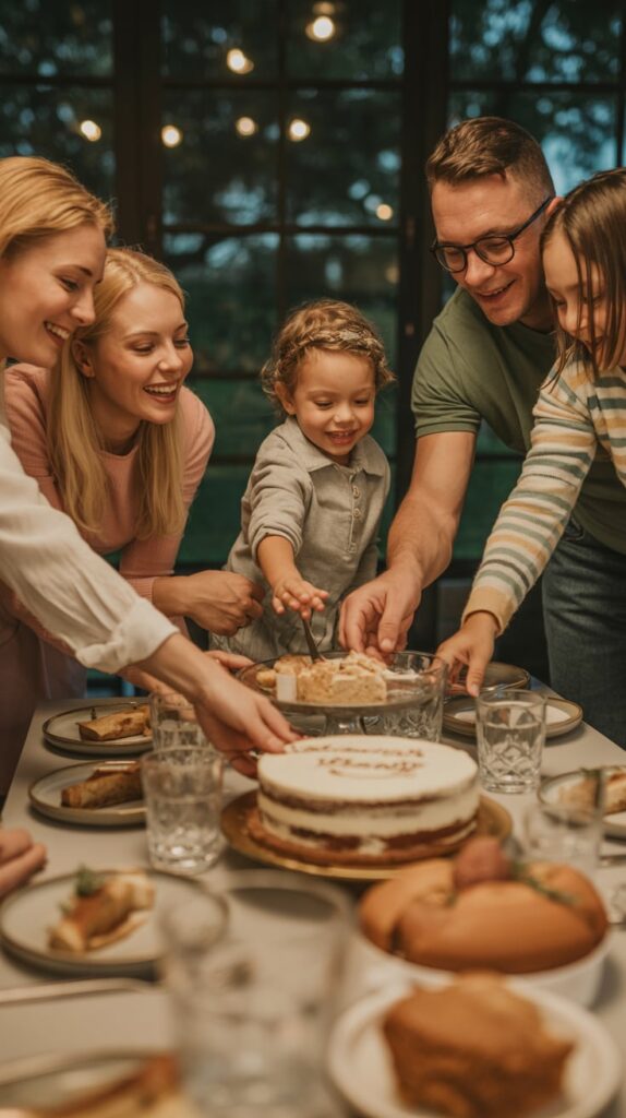 Family sharing a birthday dinner around a warmly lit table with cake and candles.