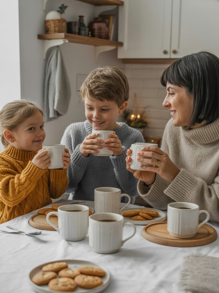 Family gathered around a winter table enjoying cocoa and cookies together.