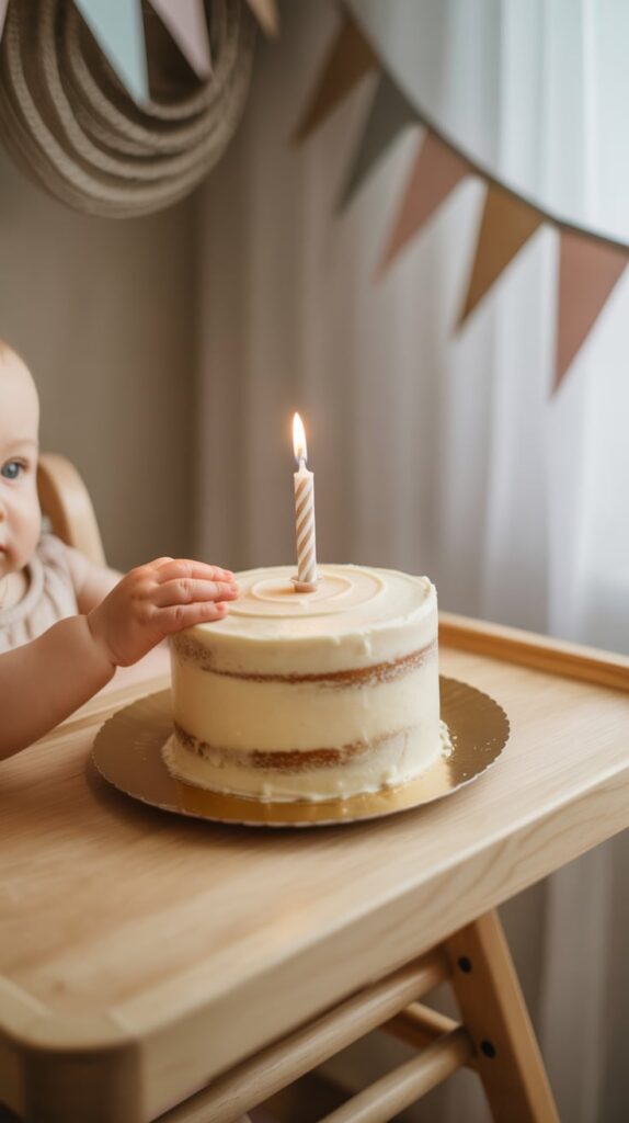 Baby’s hand reaching for a small frosted smash cake on a high chair with pastel party decorations.