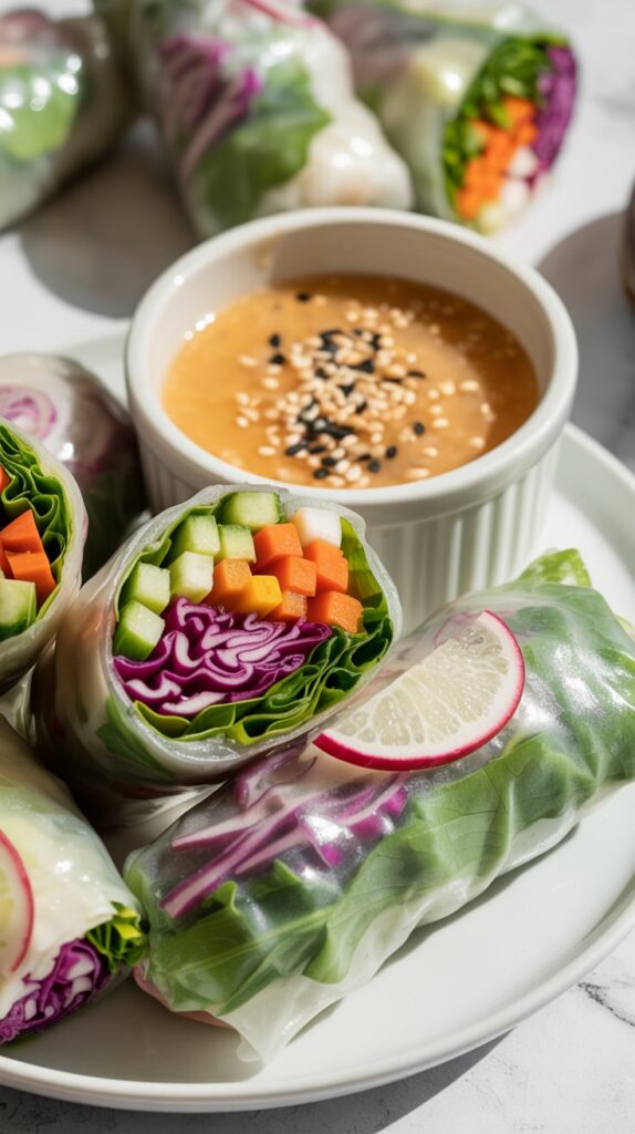 Fresh vegetable spring rolls filled with colorful carrots, cucumbers, and purple cabbage, served with a creamy peanut dipping sauce topped with sesame seeds — a vibrant and healthy appetizer option.