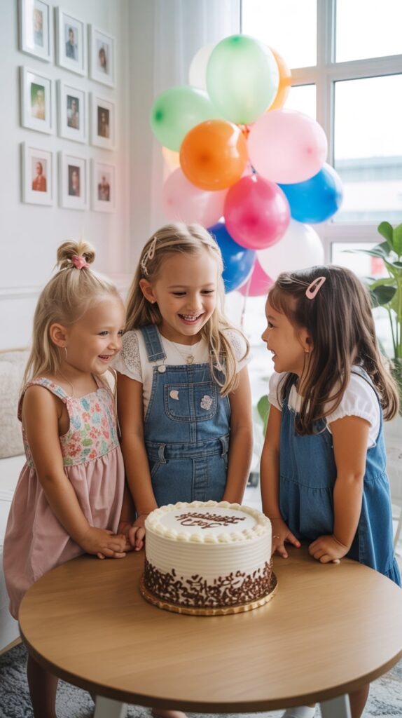 Children celebrating around a birthday table with balloons and cake in a cozy home setting.