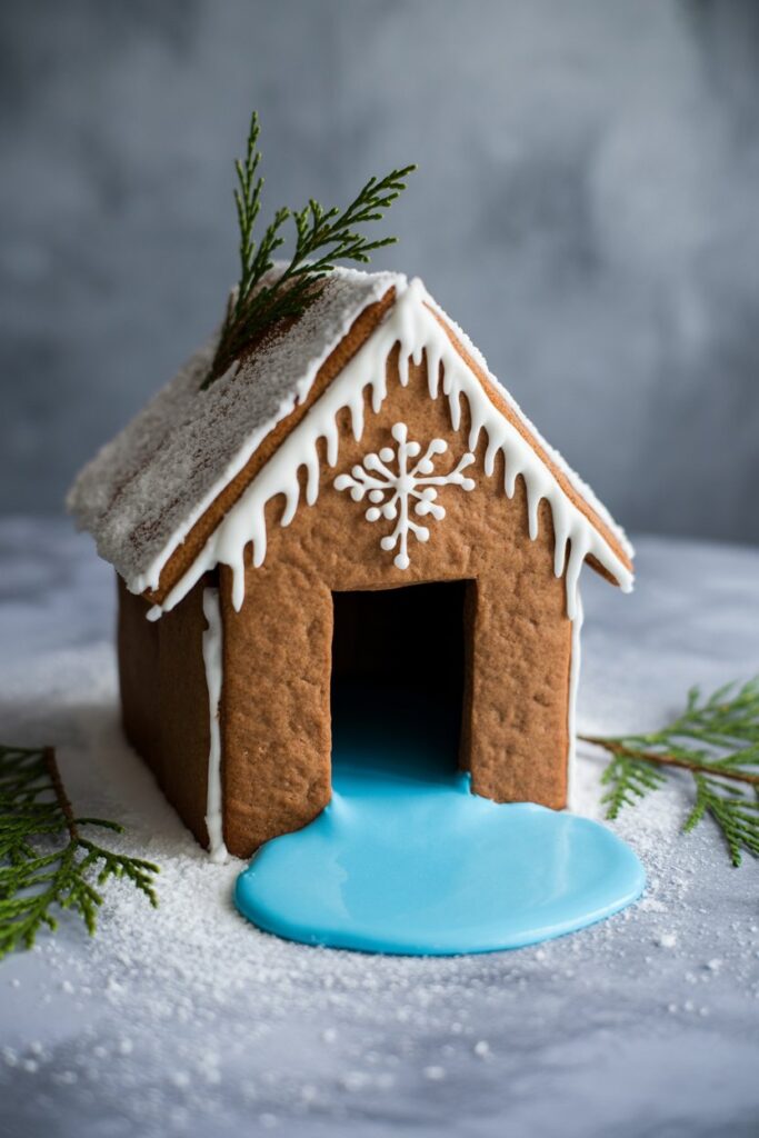 “Gingerbread house decorated with pastel candy and white icing, front door opened to reveal flowing pink and blue icing inside, surrounded by evergreen sprigs and powdered sugar snow.”