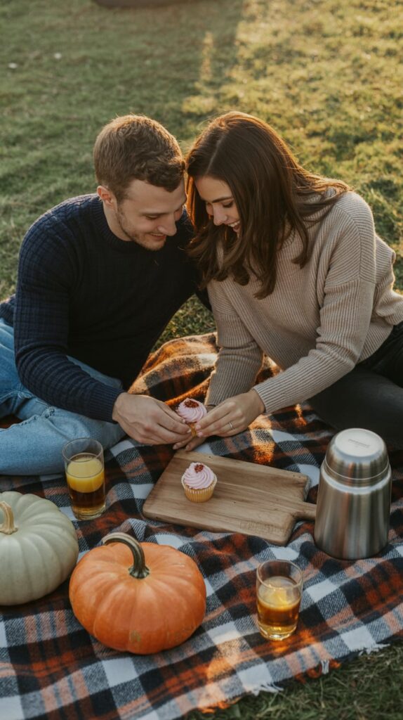 Cozy harvest picnic gender reveal scene with plaid blankets, cider, and cupcakes revealing baby’s gender.