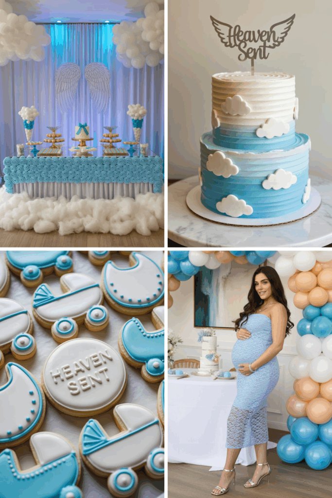 Ethereal twin baby shower collage with clouds, feathers, white florals, and soft candlelight styling