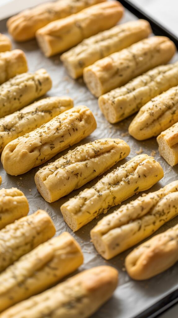 Freshly baked golden-brown breadsticks sprinkled with herbs and sea salt, cooling on a parchment-lined baking tray — a warm and inviting appetizer for fall gatherings.