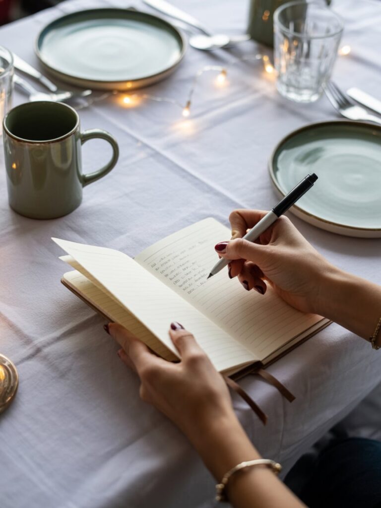 Family member writing holiday memories in a notebook at a cozy Christmas dinner table.
