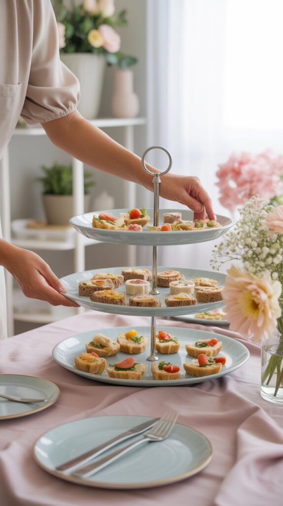 A host arranging tiered trays with appetizers and desserts for a baby shower table set with pastel linens.