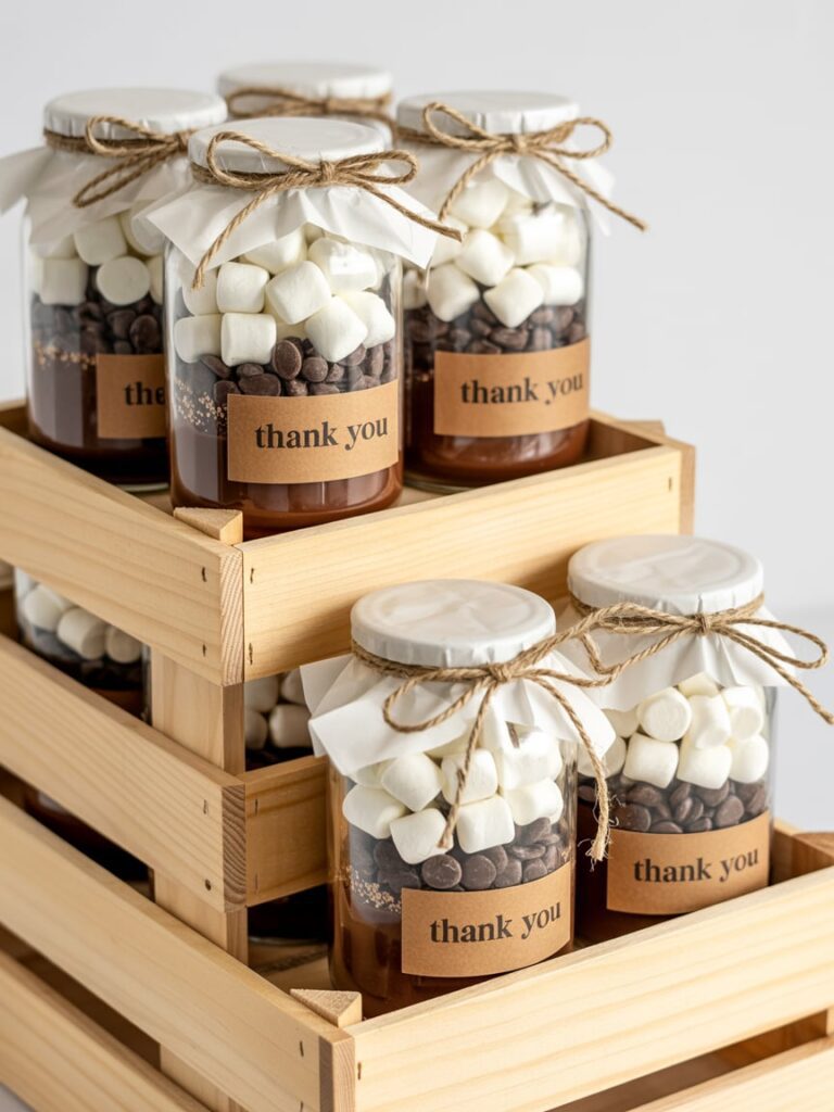 Hot cocoa party favors in jars and cones tied with ribbon and arranged in a basket.