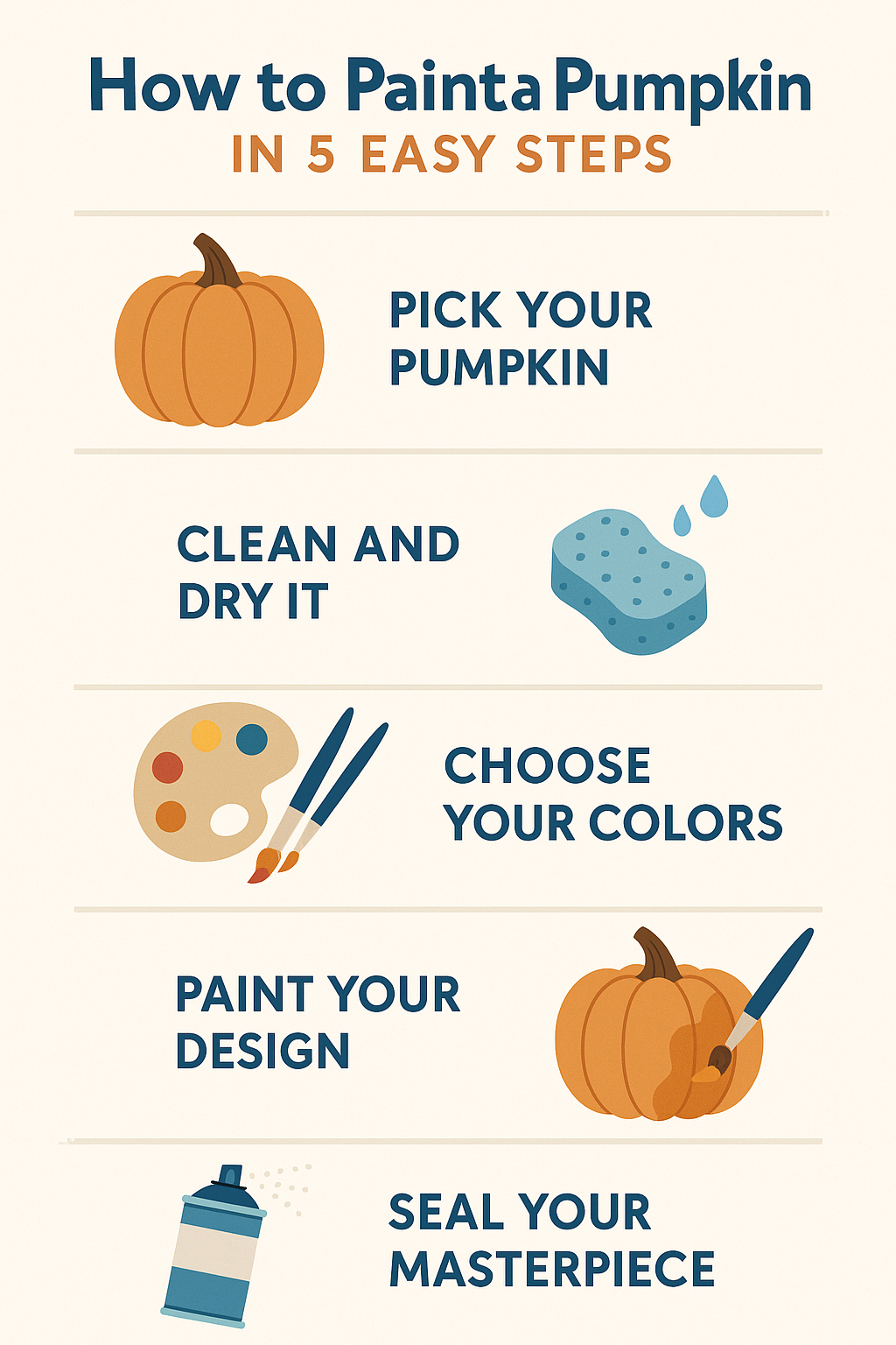 How to Paint a Pumpkin in 5 Easy Steps infographic showing simple painted pumpkin ideas for kids and adults with colorful flat-style illustrations.