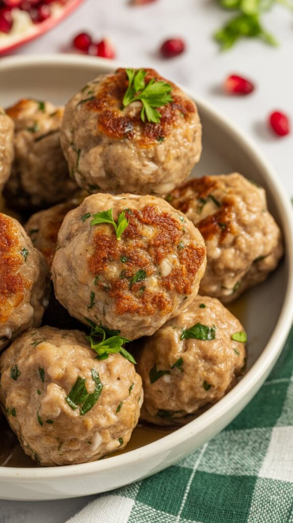 Juicy homemade meatballs garnished with fresh parsley, stacked in a white serving bowl on a green-checkered cloth — a cozy, savory appetizer perfect for parties or family dinners.