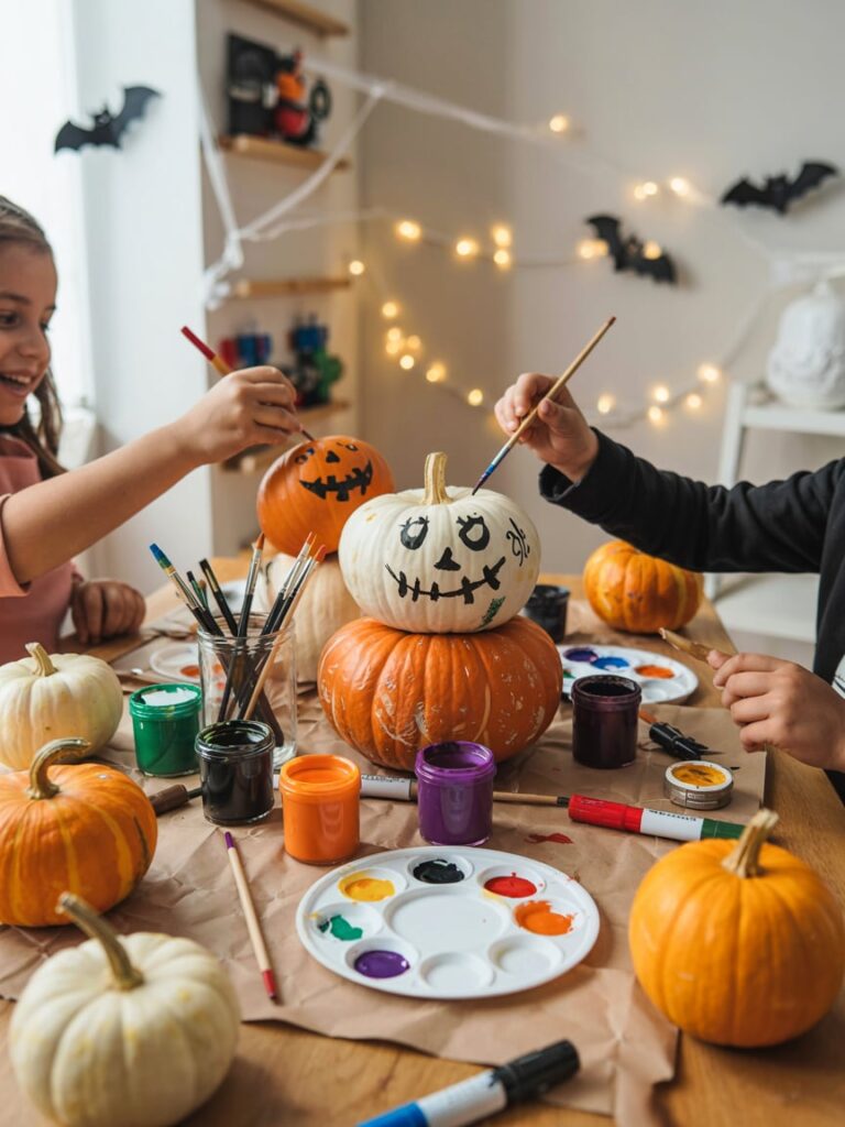 Kids painting a pumpkin