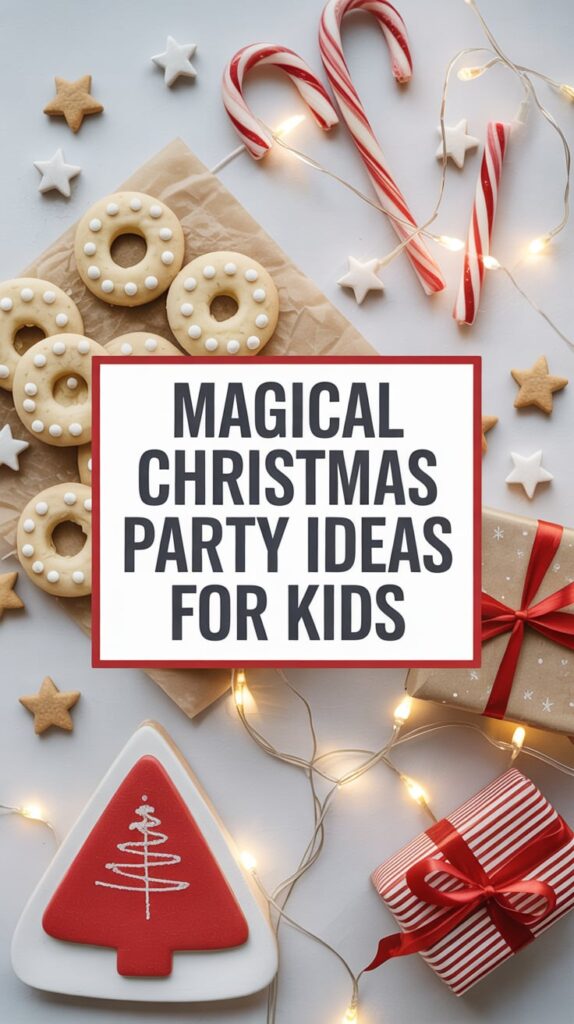 Flat lay of Christmas cookies and gifts with text overlay reading “Magical Christmas Party Ideas for Kids.”