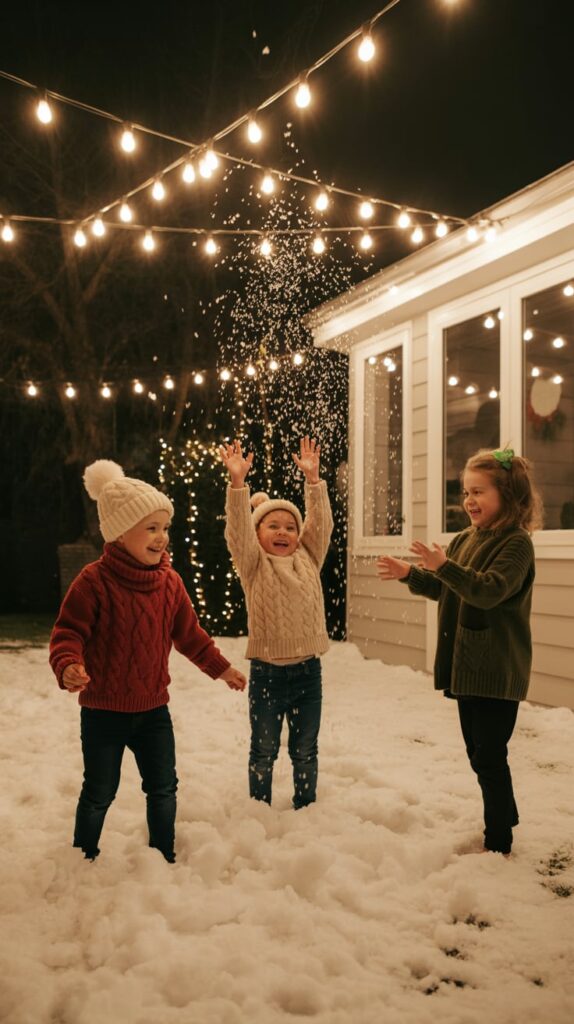 kids playing under falling snow at a backyard Christmas party with twinkle lights.