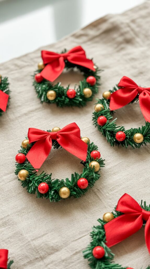 Mini Christmas wreaths made with pipe cleaners, beads, and bows on a linen cloth