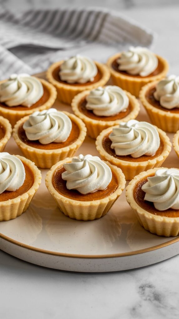 Mini pumpkin pies with golden crusts and creamy whipped topping, arranged neatly on a ceramic plate — a cozy, bite-sized fall dessert perfect for parties or make-ahead gatherings.
