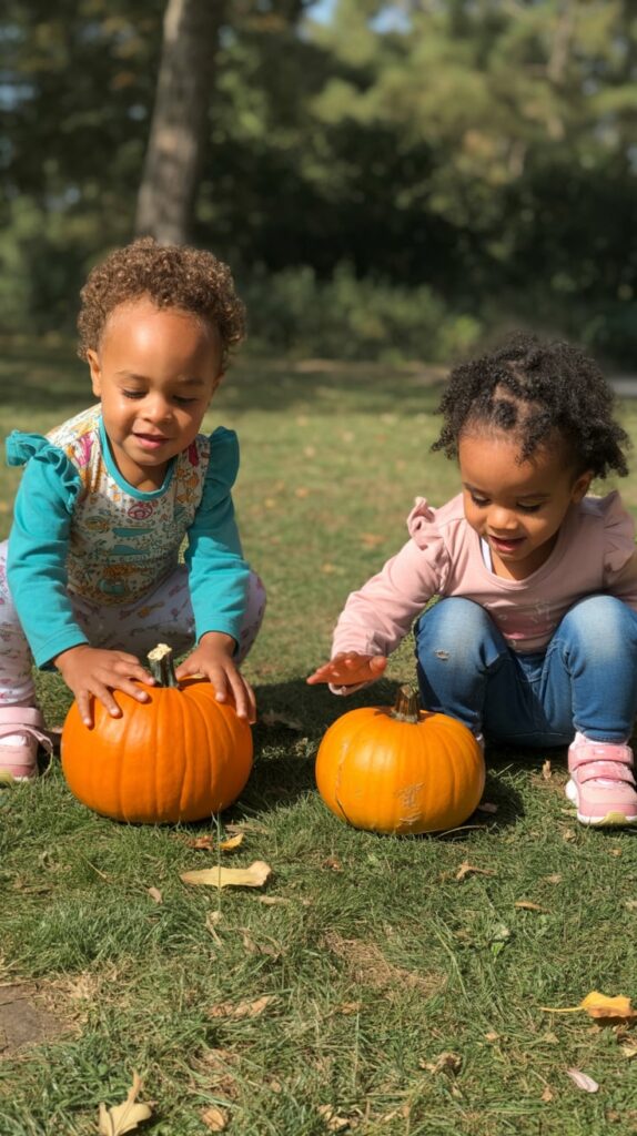 Mini pumpkins lined up on grass for a Thanksgiving rolling race.