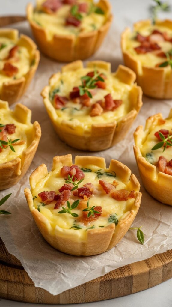 Mini quiche bites with golden crusts, creamy egg filling, crispy bacon, and fresh herbs, served on parchment paper for an elegant brunch or party appetizer.