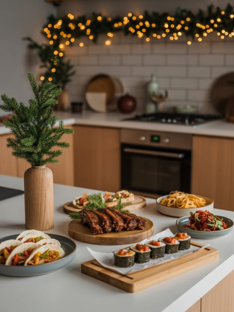 Modern Christmas dinner spread with tacos, ribs, and pasta on a wooden counter decorated with greenery.