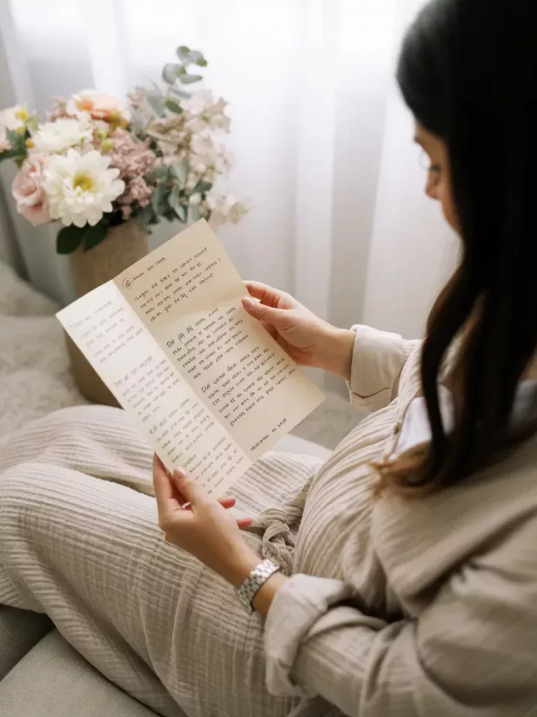 Expectant mother reading heartfelt letter at baby shower with floral details.