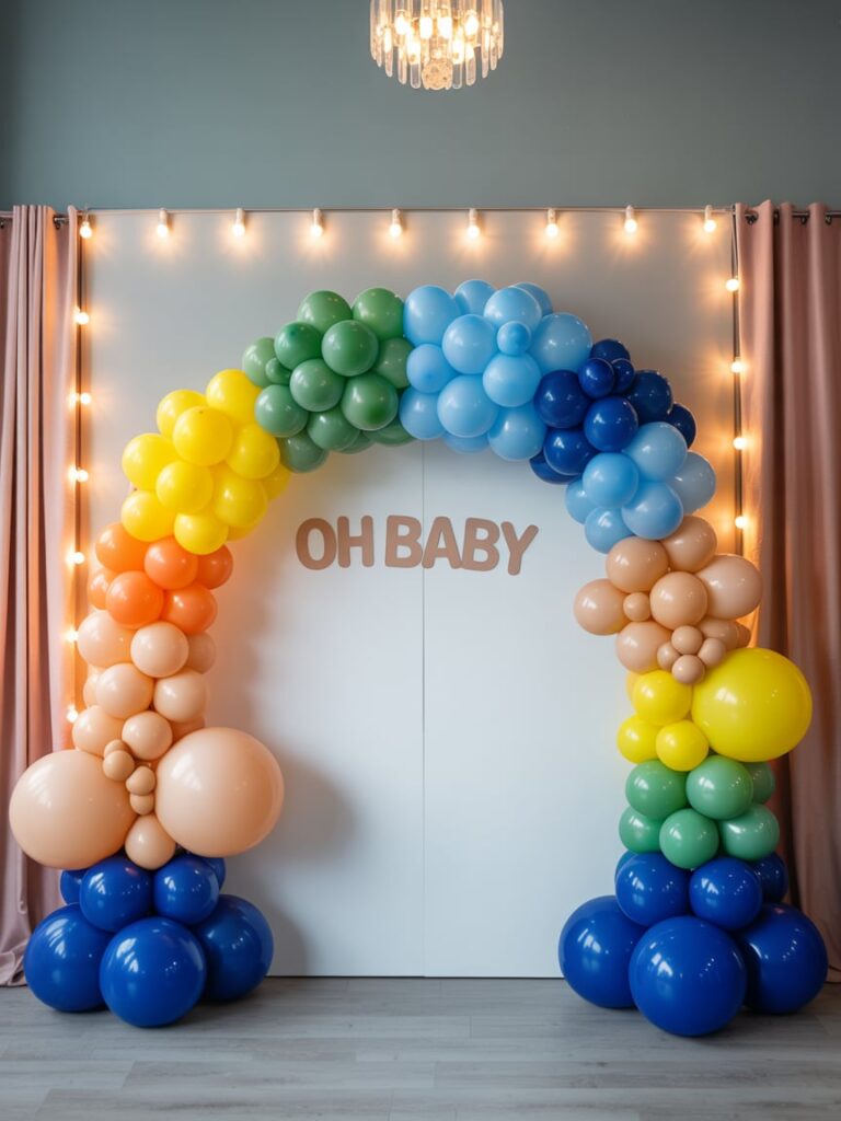 baby shower balloon arch in bright colors 