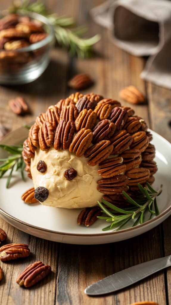 Adorable hedgehog-shaped cheese ball covered in pecans with raisin eyes and nose, garnished with fresh rosemary sprigs on a white plate — a fun and festive appetizer perfect for holiday entertaining.