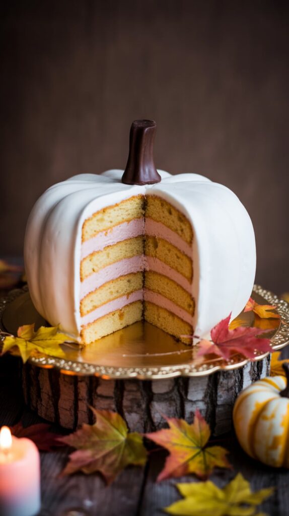 Pumpkin-shaped gender reveal cake with pink filling and autumn decor on a wooden dessert table.