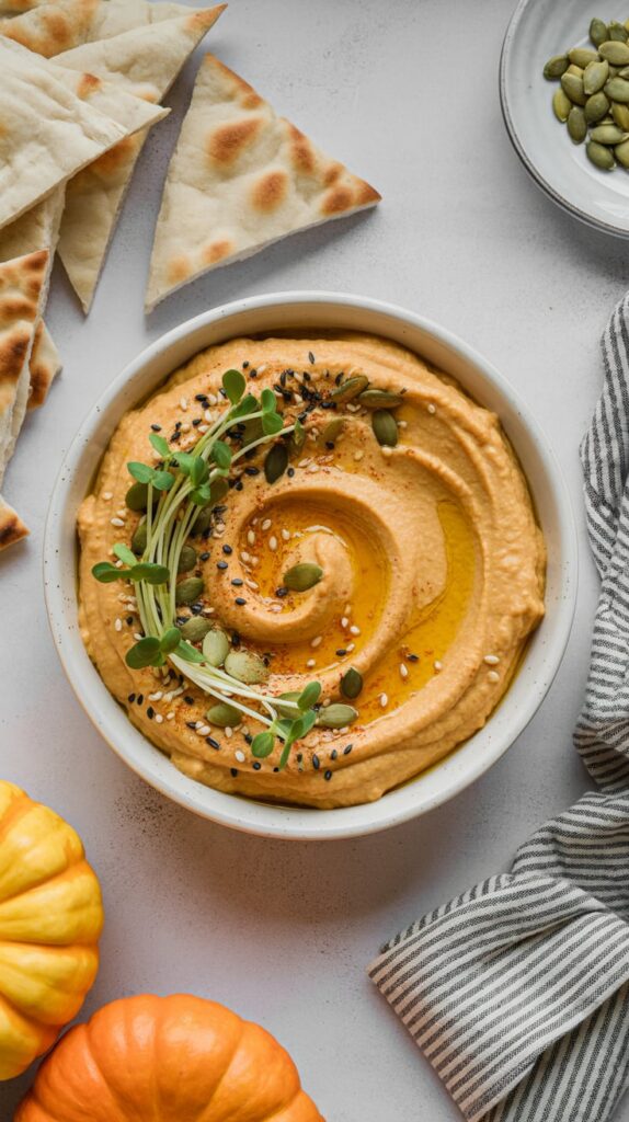 Pumpkin hummus topped with olive oil, sesame seeds, pumpkin seeds, and microgreens, served in a white bowl with warm pita triangles on the side — a cozy fall-inspired appetizer.