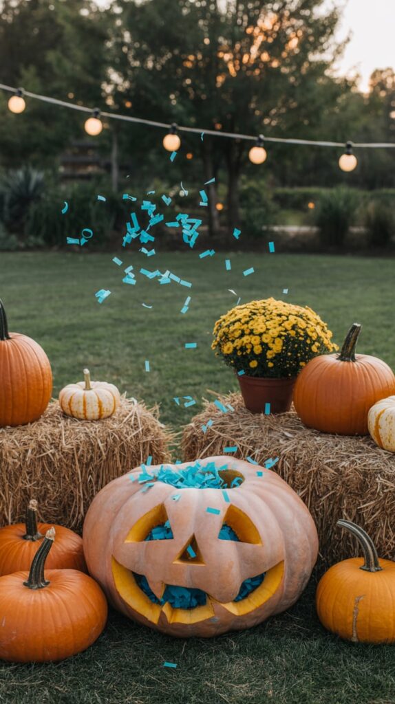 Backyard pumpkin patch gender reveal with hay bales, string lights, and a confetti-filled pumpkin bursting open.