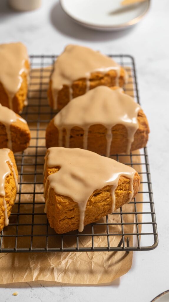 Freshly baked pumpkin scones with a smooth maple glaze dripping over the sides, cooling on a wire rack lined with parchment paper — a cozy fall treat perfect for brunch or entertaining.