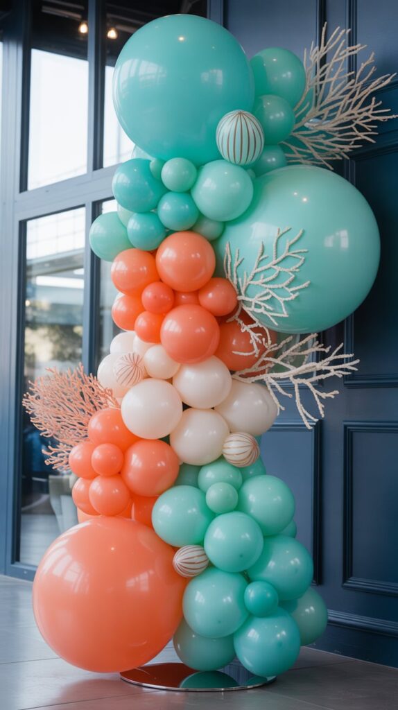 Under the sea toddler birthday setup with ocean decorations and themed cupcakes.
