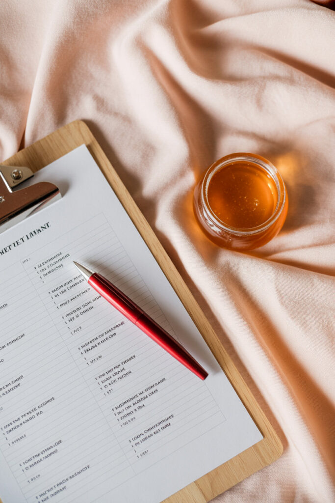 Host essentials flat-lay with a clipboard, baby shower timeline sheet, red pen, and small honey pot accent on a soft beige background.