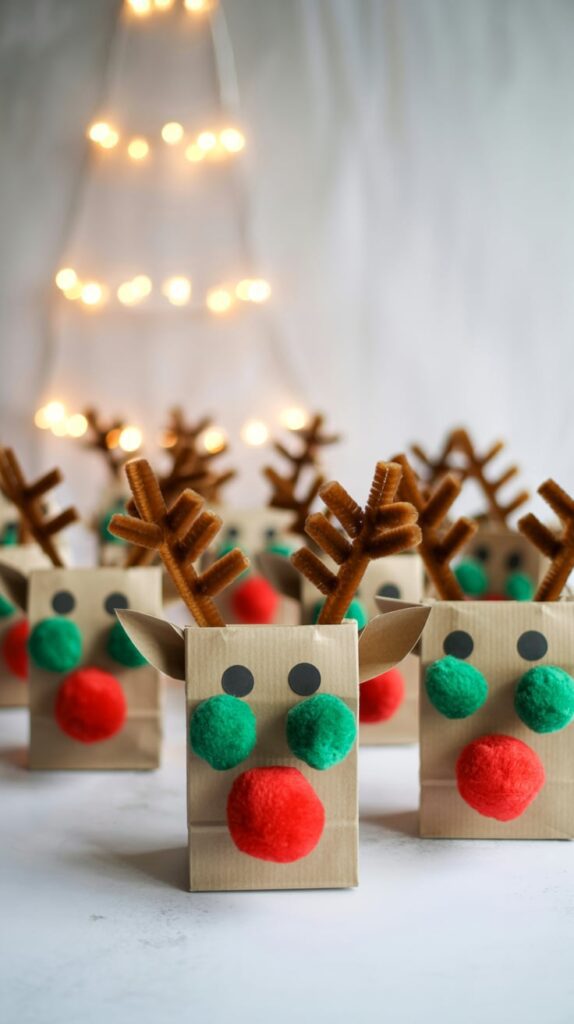 “Brown paper reindeer treat bags decorated with pom-poms and pipe cleaner antlers.”