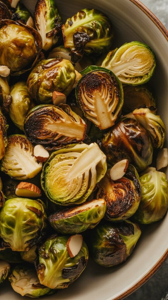 Close-up of roasted Brussels sprouts with caramelized edges, topped with sliced almonds for added crunch — a simple and flavorful fall side dish.