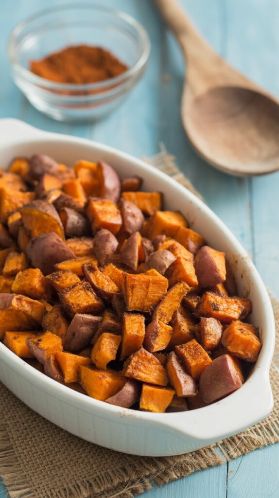 Roasted sweet potato cubes seasoned with spices in a white baking dish, set on a rustic blue wooden table beside a wooden spoon and bowl of paprika.