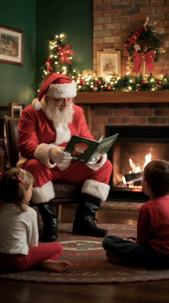 Santa reading a Christmas story to kids gathered in a cozy living room.