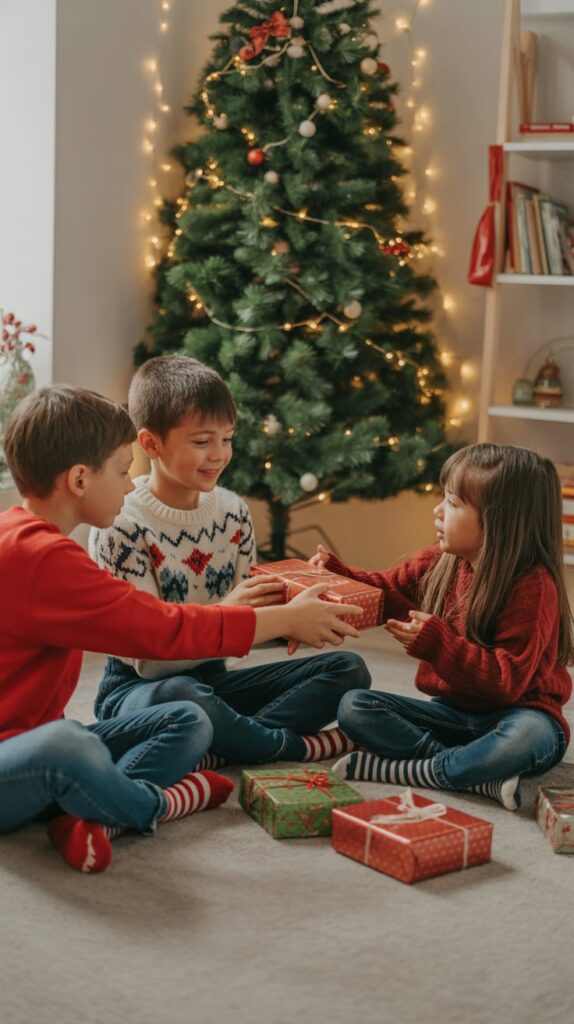 Children exchanging wrapped gifts around a Christmas tree.