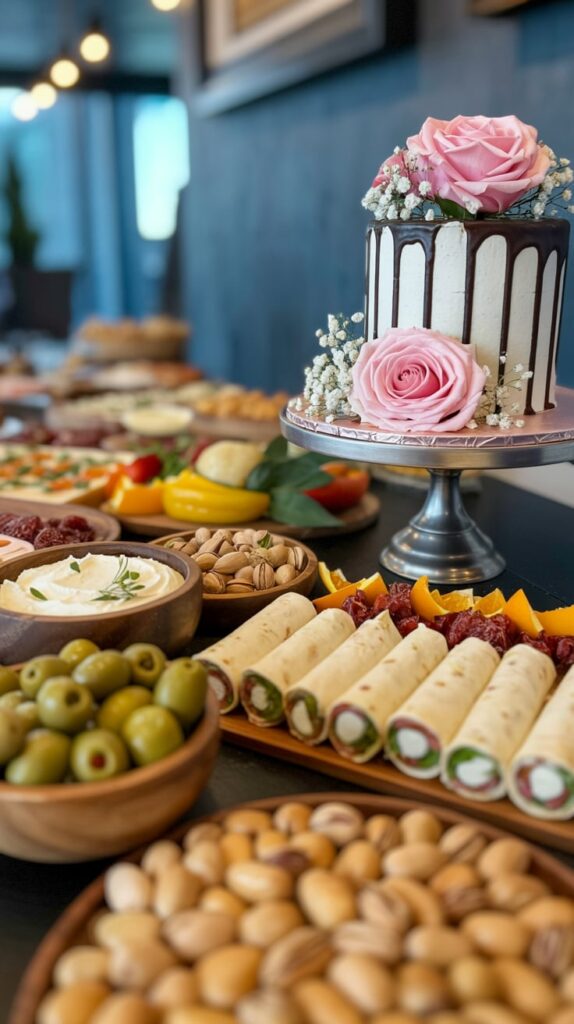 A wooden board filled with savory baby shower appetizers including mini quiches, cucumber sandwiches, and caprese skewers.