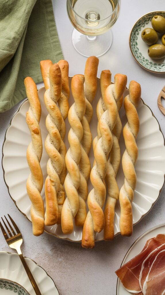 Golden-brown puff pastry twists arranged neatly on a white plate, served with a glass of white wine, green olives, and prosciutto — an elegant and easy appetizer for fall entertaining.