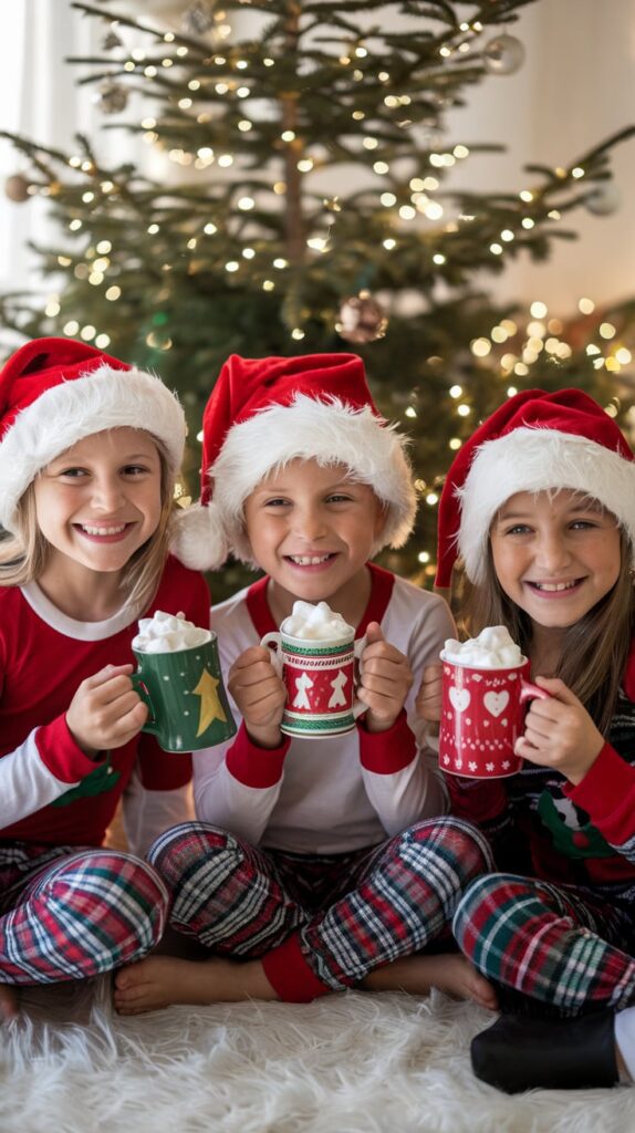 Three children in plaid pajamas and Santa hats sitting in front of a Christmas tree, holding mugs of hot cocoa topped with whipped cream.
