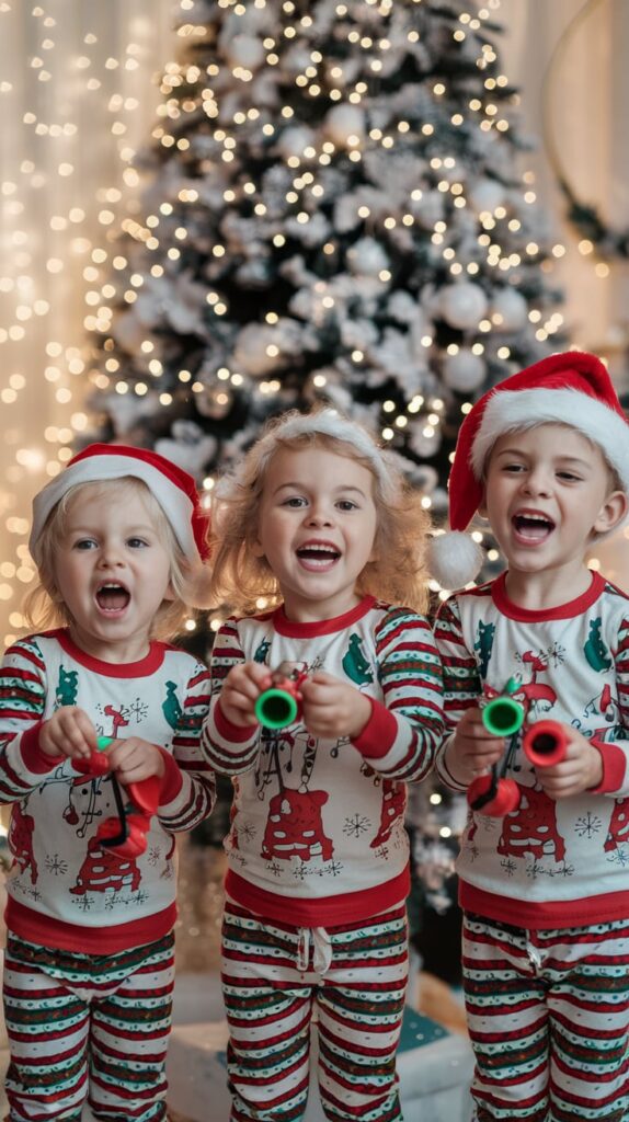 Three toddlers in matching striped Christmas pajamas and Santa hats singing and playing in front of a Christmas tree.