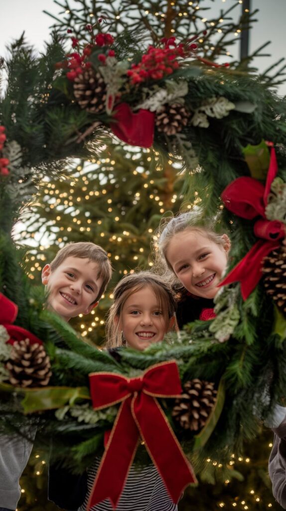 Three children smiling through a large Christmas wreath decorated with pinecones, red ribbons, and greenery.